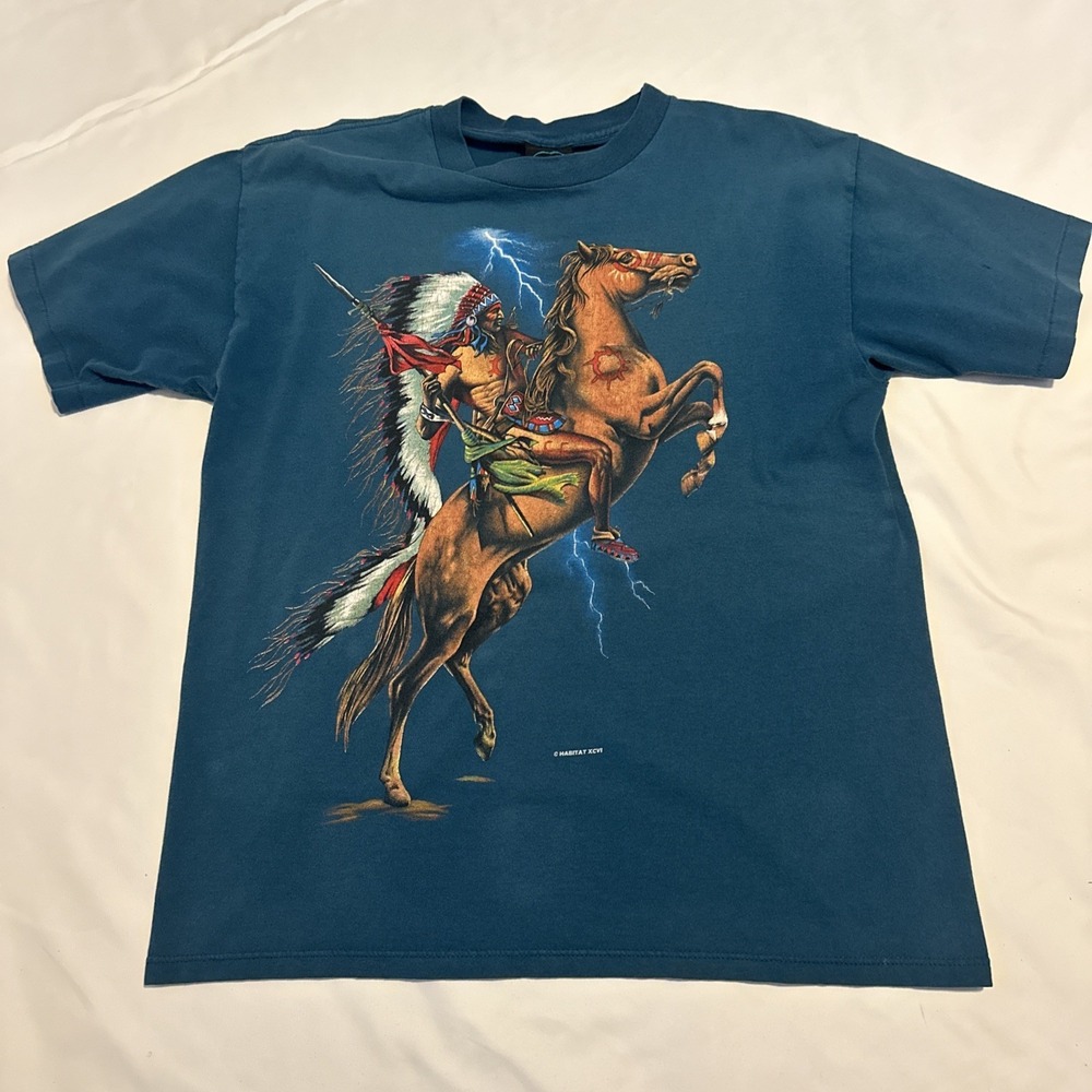 Vintage Large Habitat XCVI Native Lightning T Shirt Men Horse Blue Single Stitch